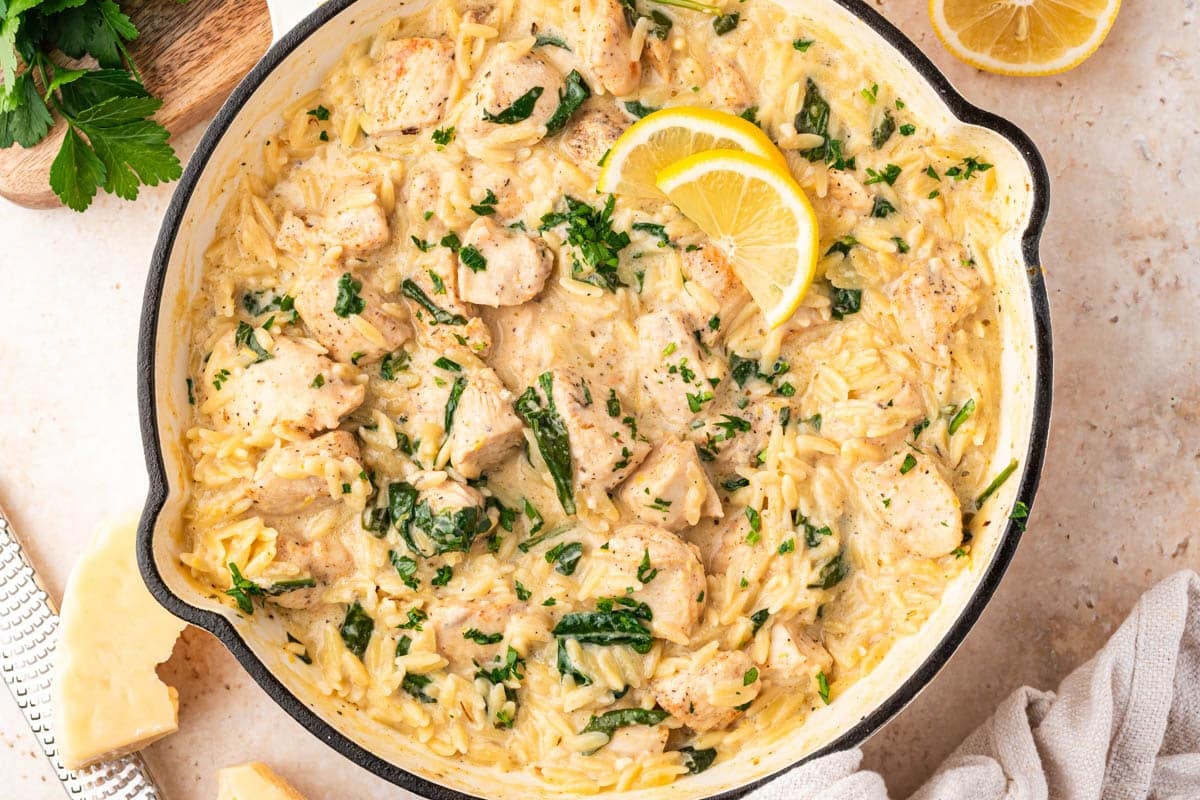 lemon chicken orzo in a skillet