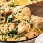a spatula with orzo and chicken on a spatula