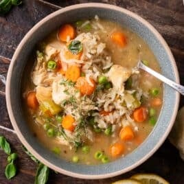 a bowl of lemon chicken and rice soup