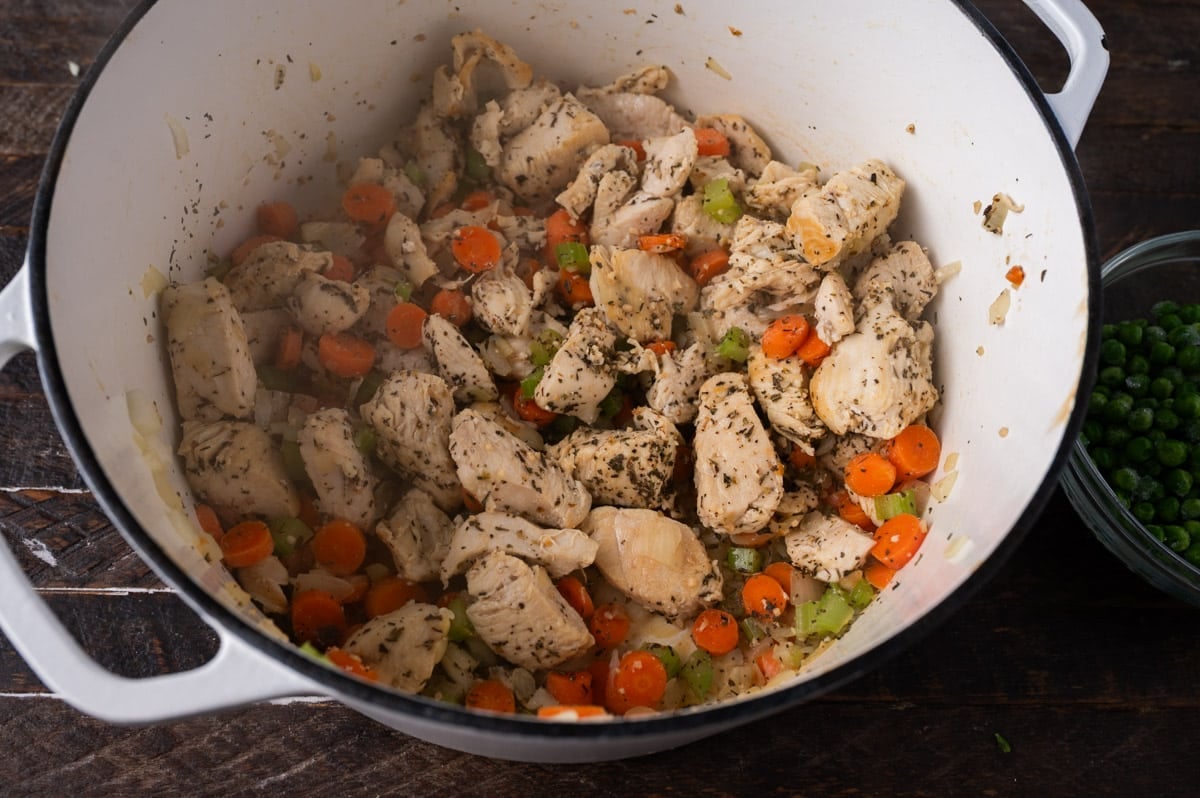 seasoned chicken and veggies in a pot for soup