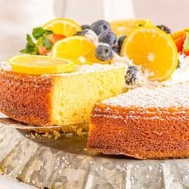 a slice of lemon olive oil cake on a spatula