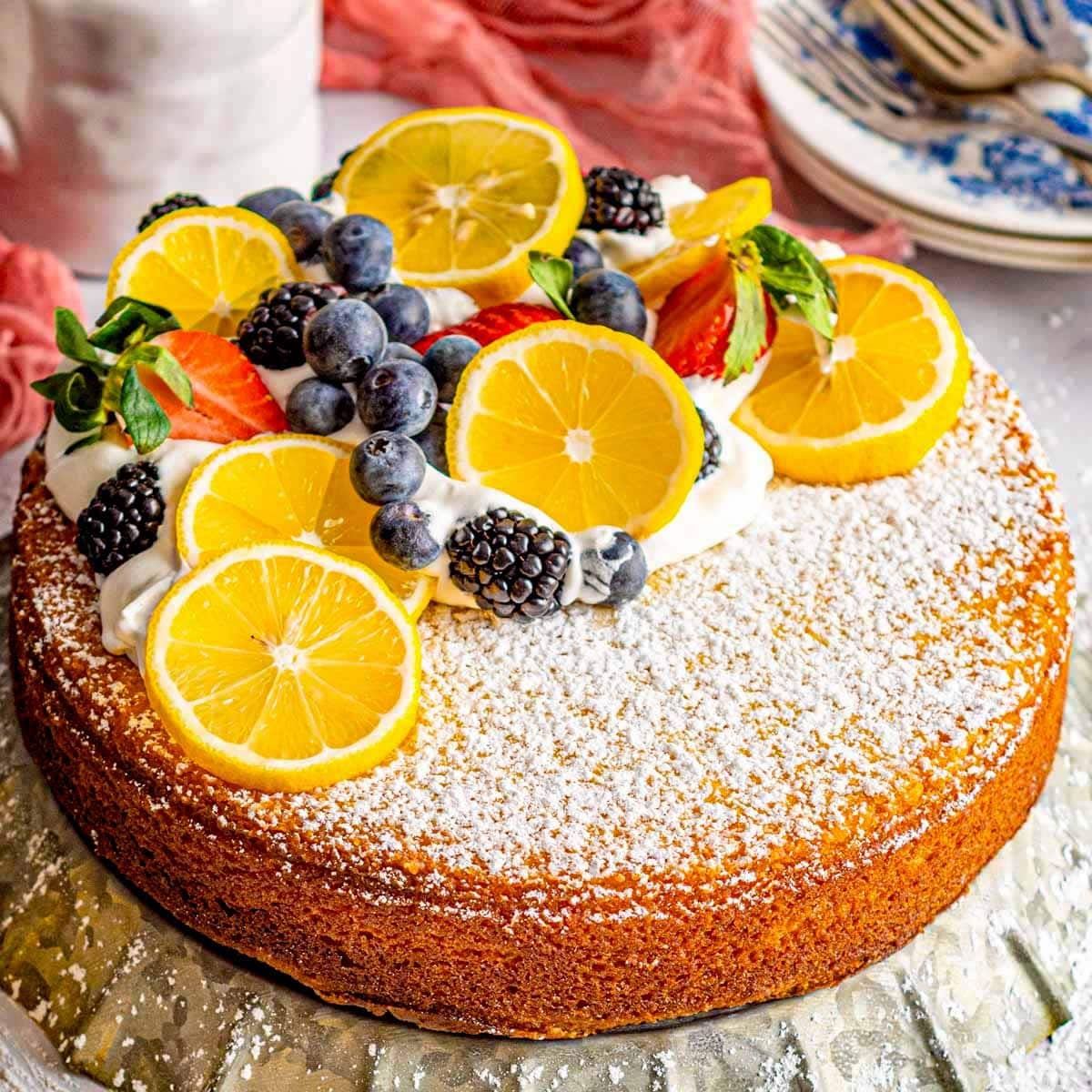 a lemon olive oil cake on a plate