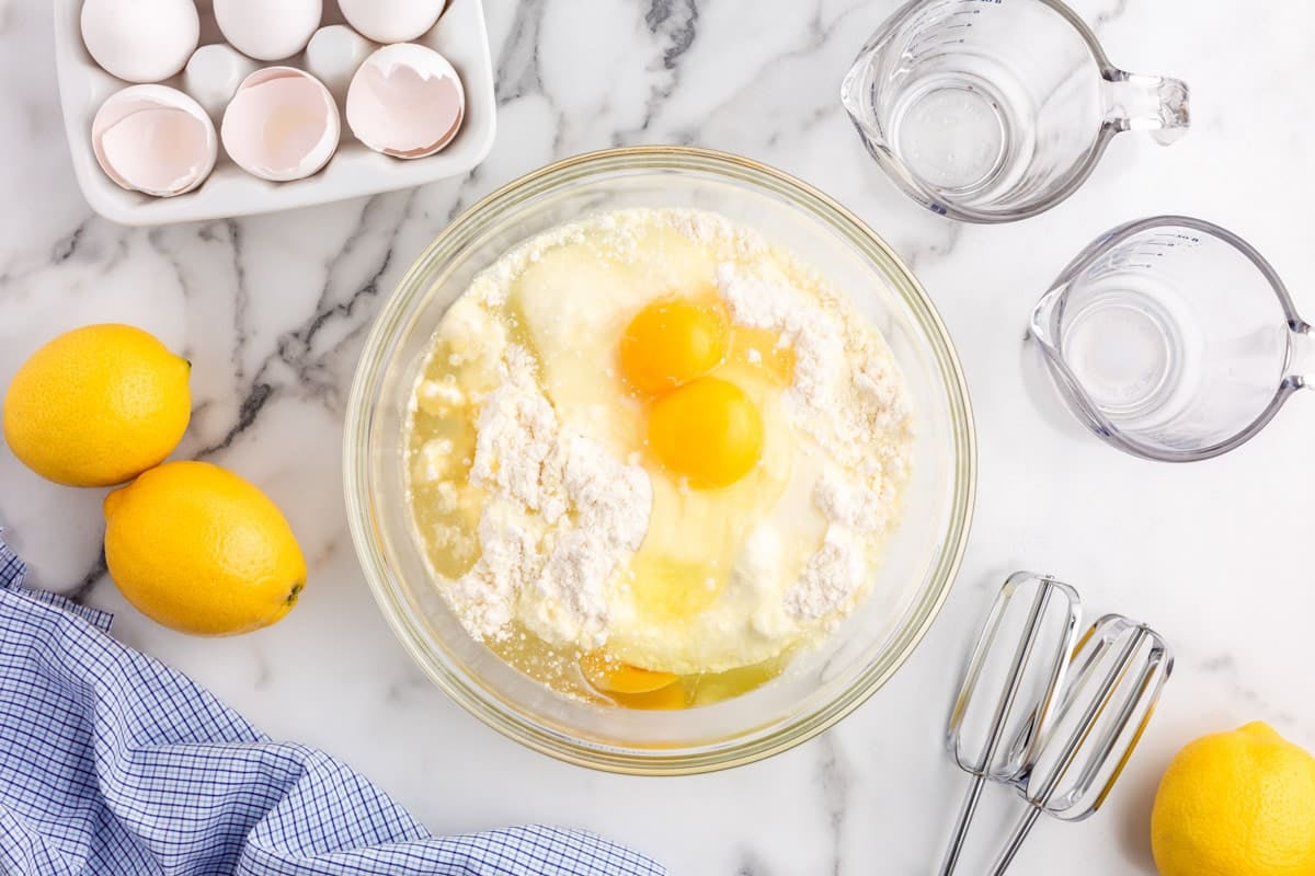 ingredients for cake in a bowl, unmixed