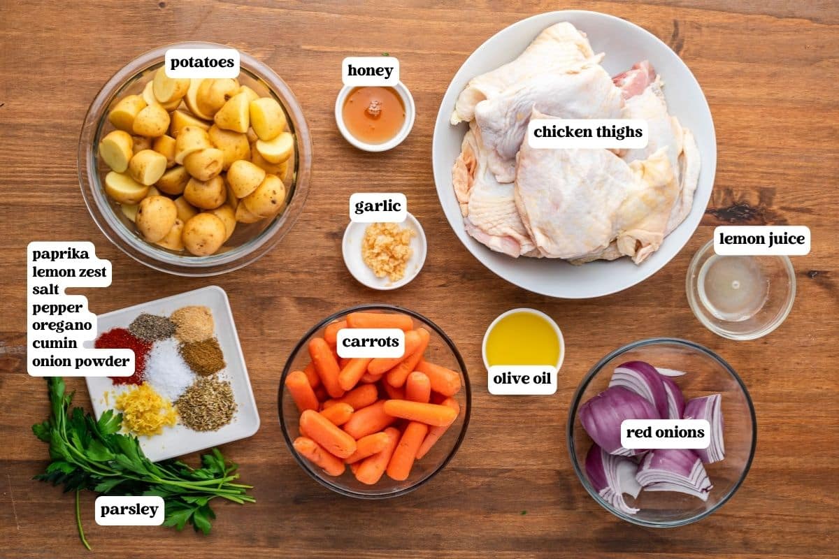 sheet pan chicken thighs ingredients on a table