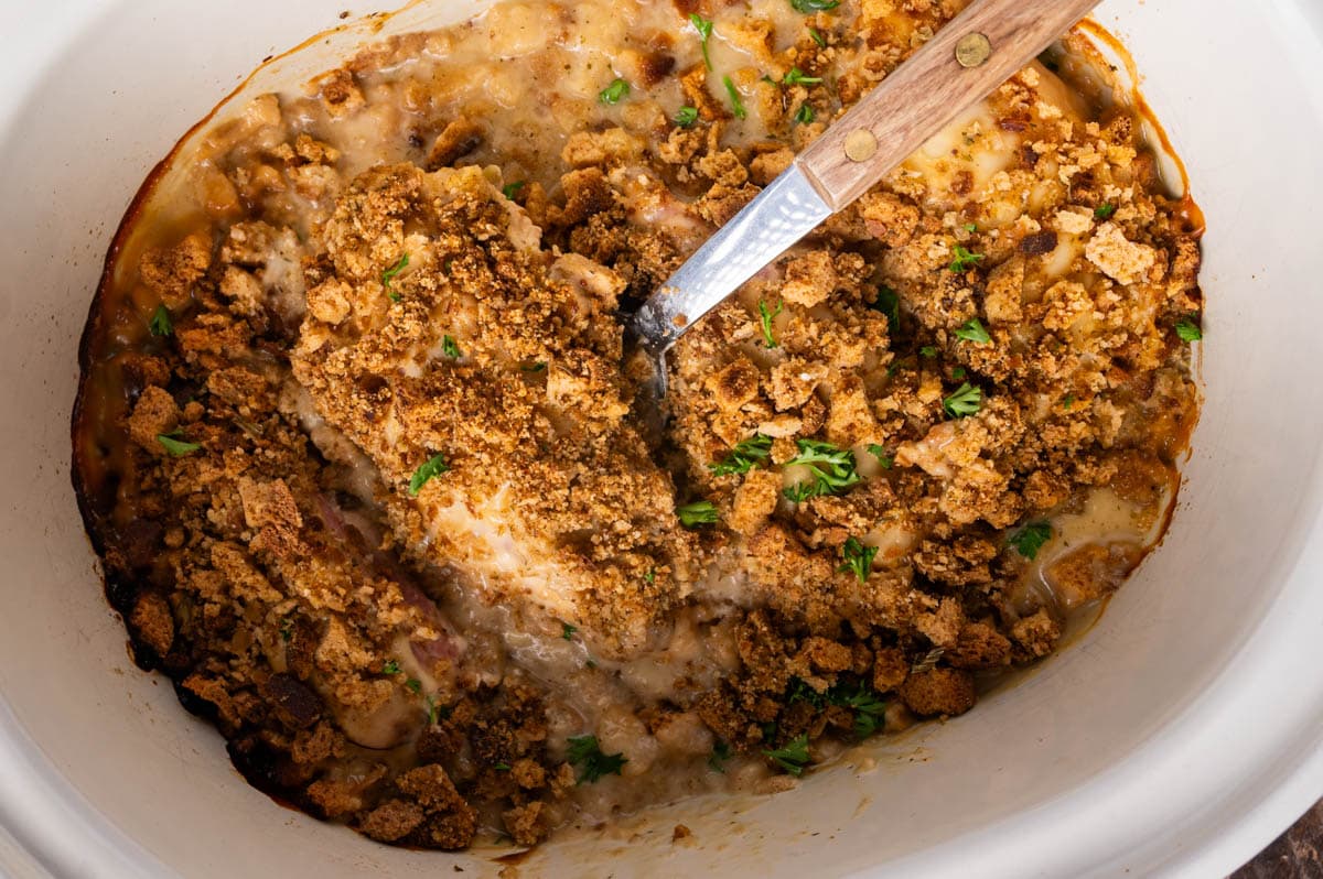 a spoon in a slow cooker with chicken