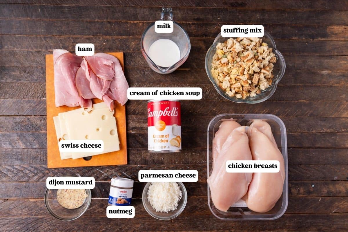 slow cooker chicken cordon bleu ingredients on a table