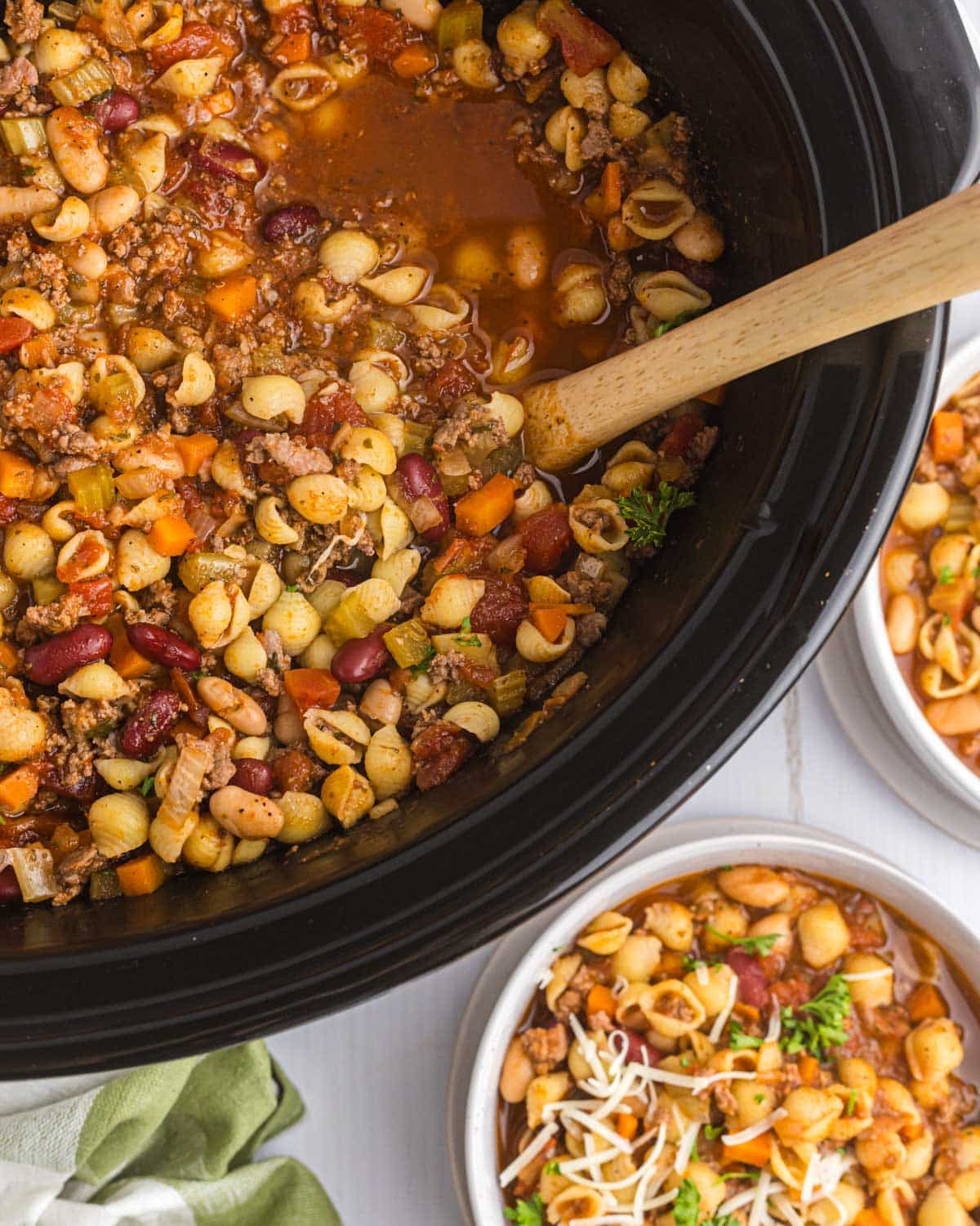 pasta fagioli soup in a crockpot on a table
