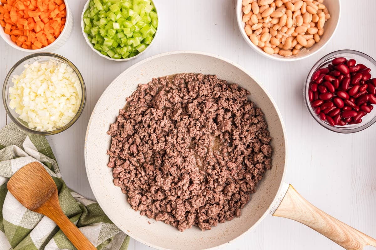 cooked ground beef in a skillet on a table