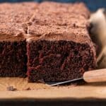 closeup of a slice of sour cream chocolate cake