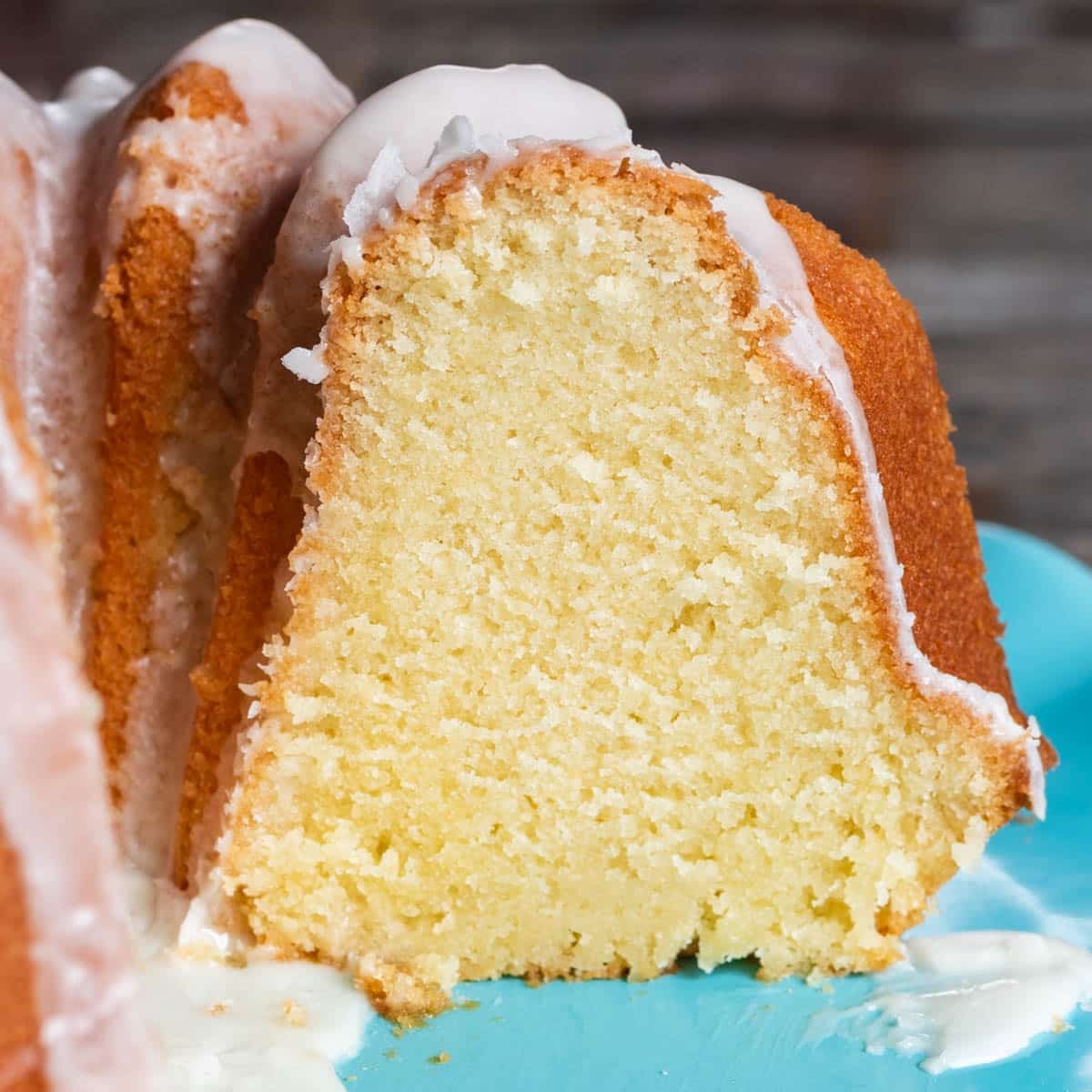 closeup of a glazed pound cake on a table