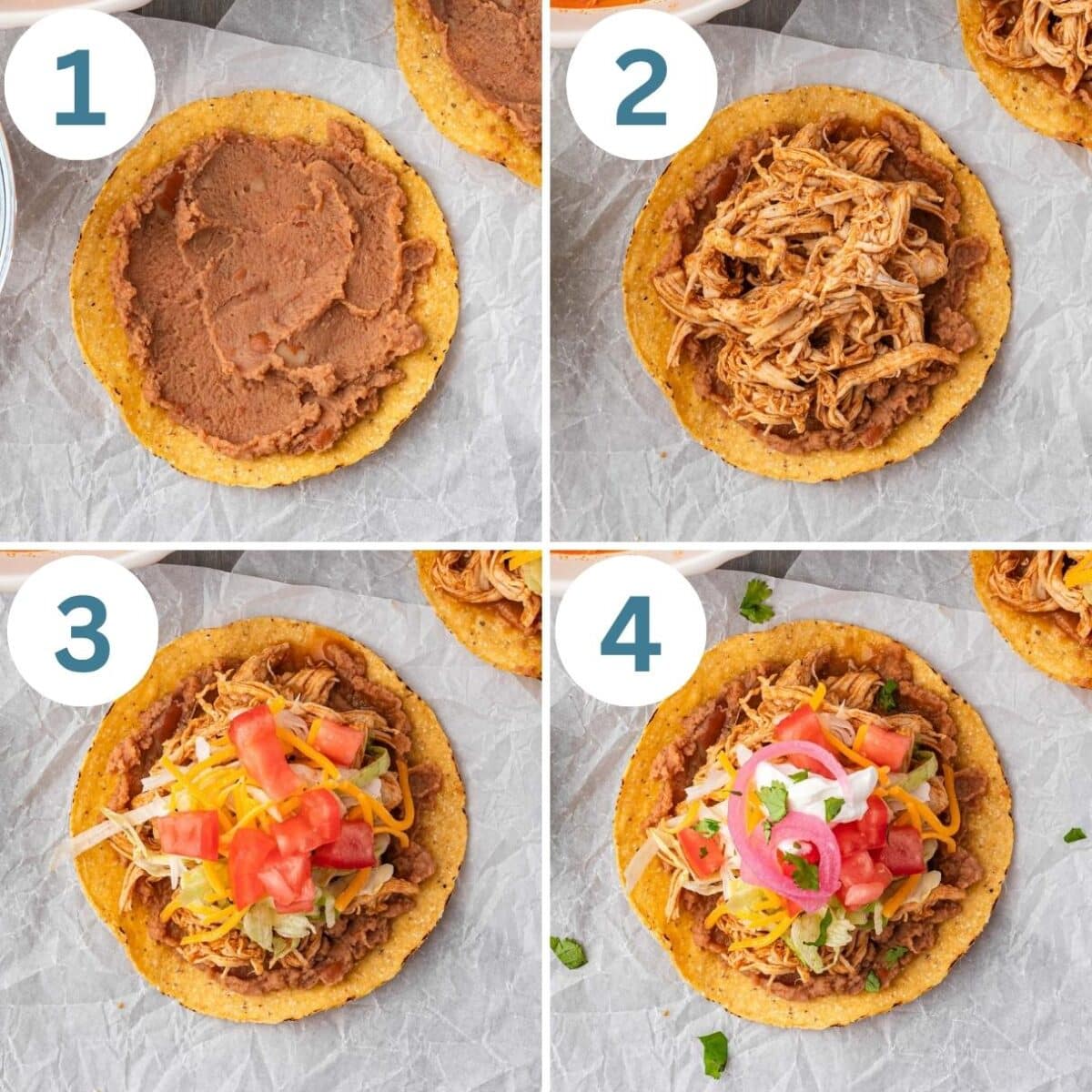 collage of how to make chicken tostadas