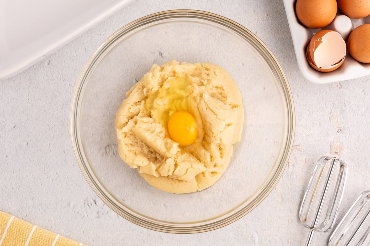 puff batter and egg in a bowl