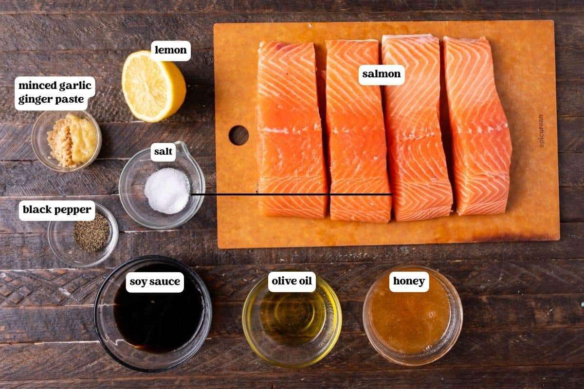 honey garlic salmon ingredients on a table