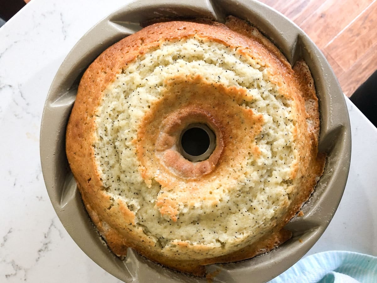 overhead view of a bundt cake