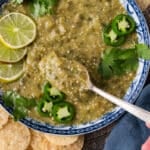 salsa verde in a bowl, with some on a spoon