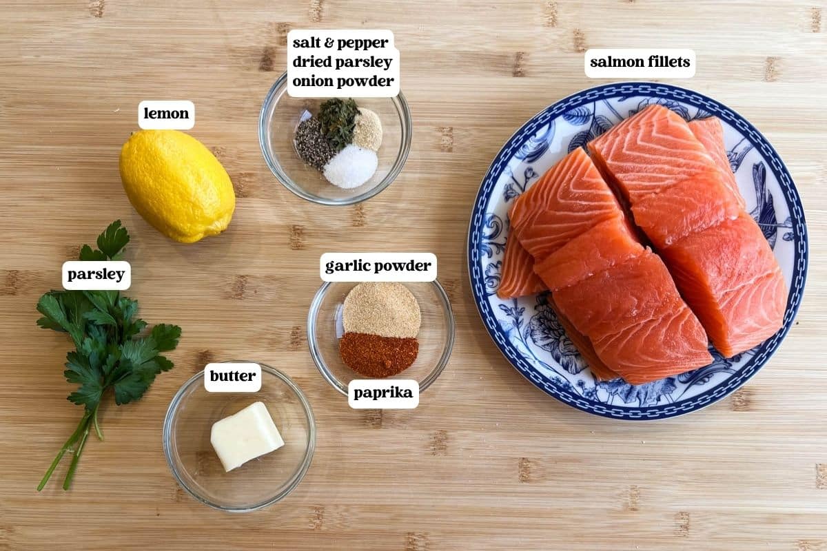 baked salmon ingredients on table