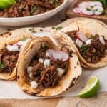 3 beef barbacoa tacos on a table