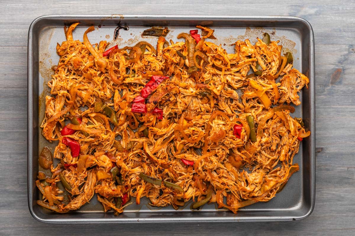 chicken fajita filling on a sheet pan