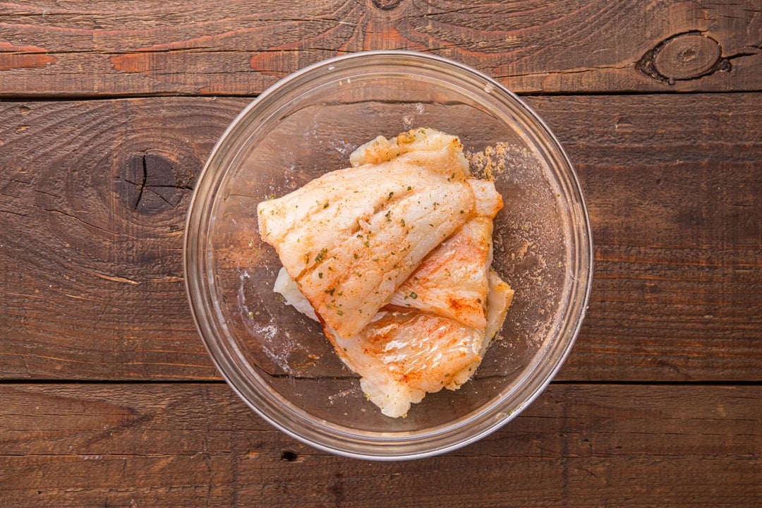 seasoned cod in a bowl