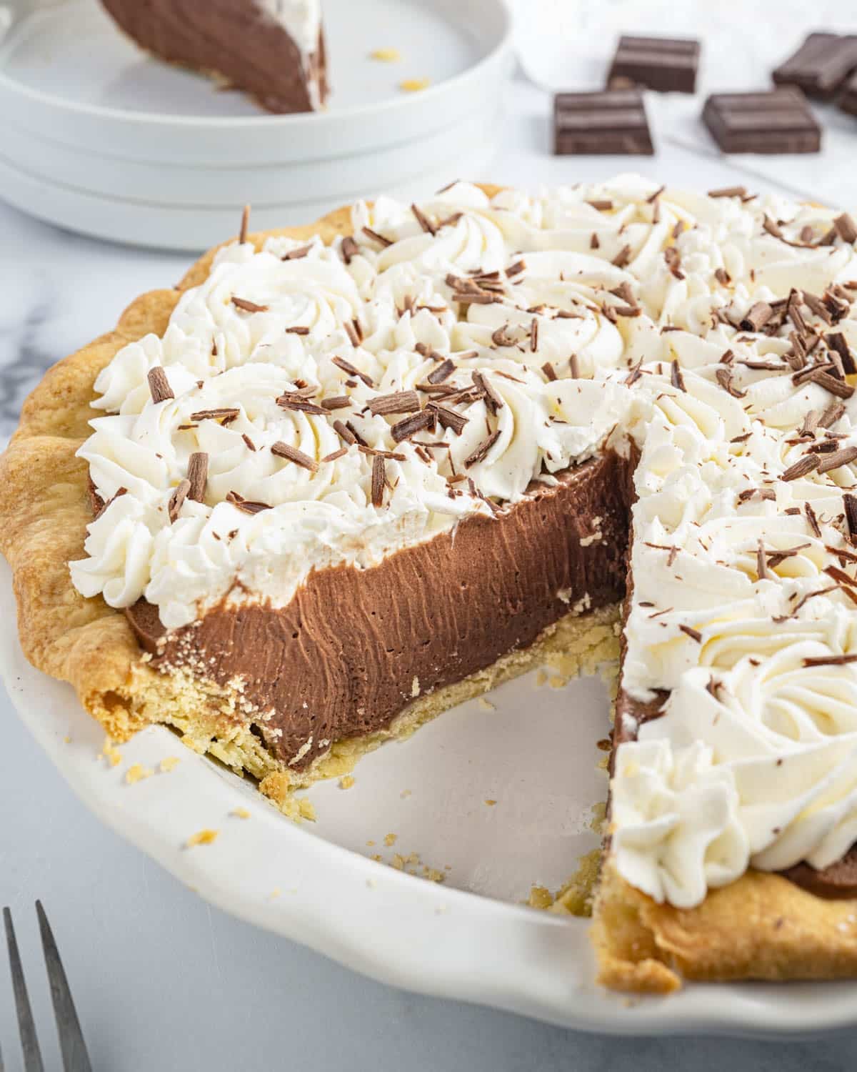 french silk pie with one slice missing