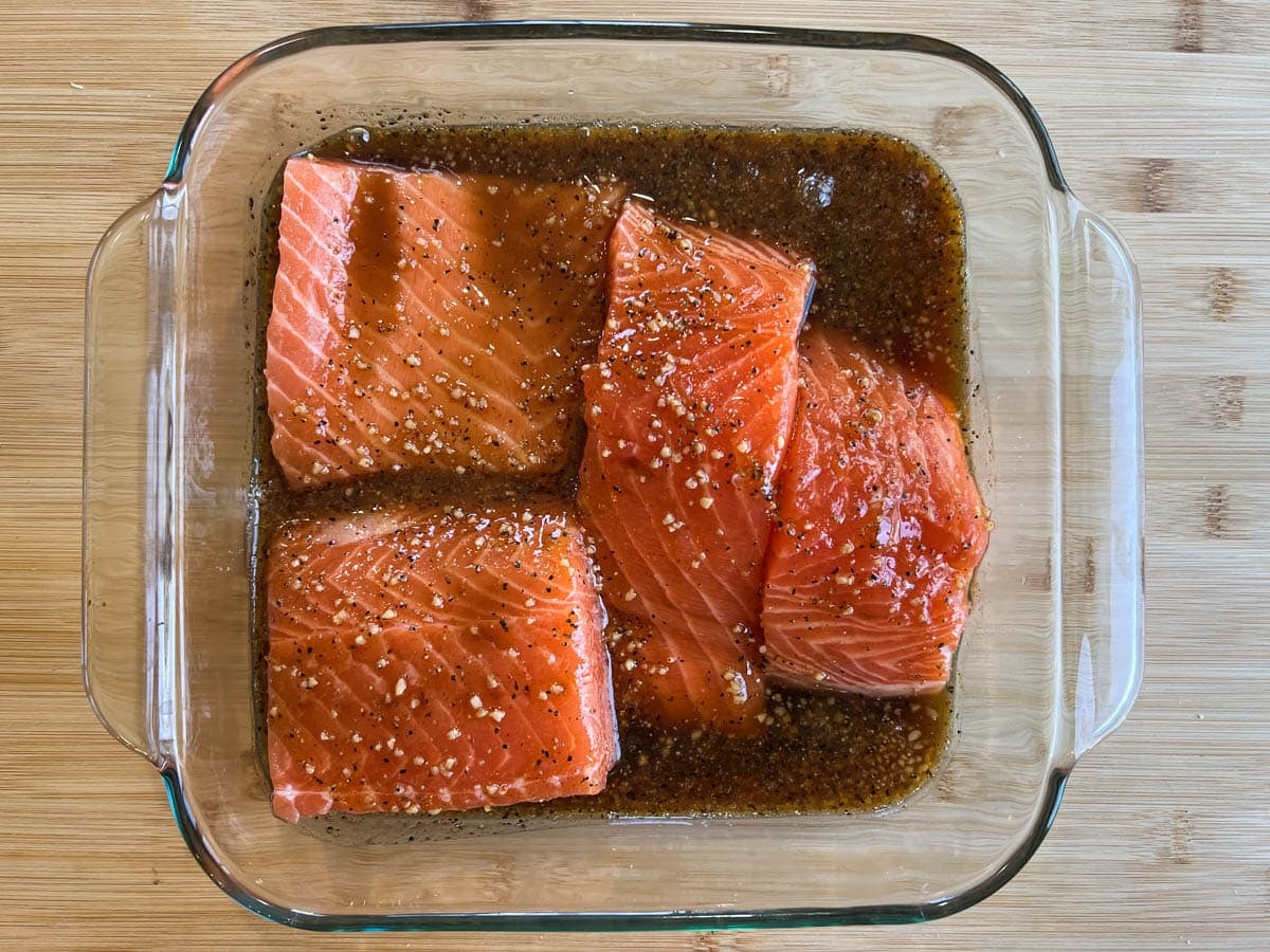 salmon marinating in honey soy glaze
