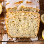 slices of lemon poppy seed bread sliced on a wire rack