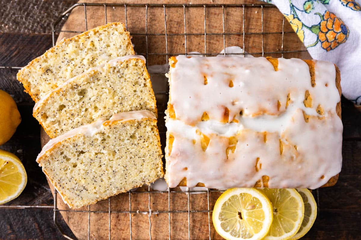 overhead view of lemon bread cut in slices on a table