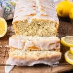 glazed lemon poppy seed bread sliced on a table