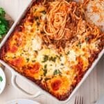 overhead view of million dollar spaghetti on a table