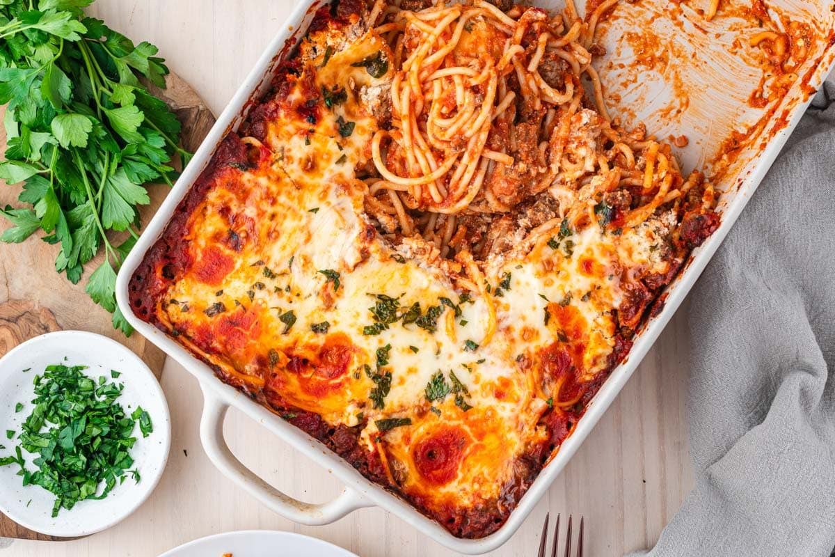 overhead view of million dollar spaghetti on a table