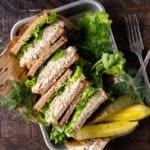 overhead view of tuna salad on sandwiches