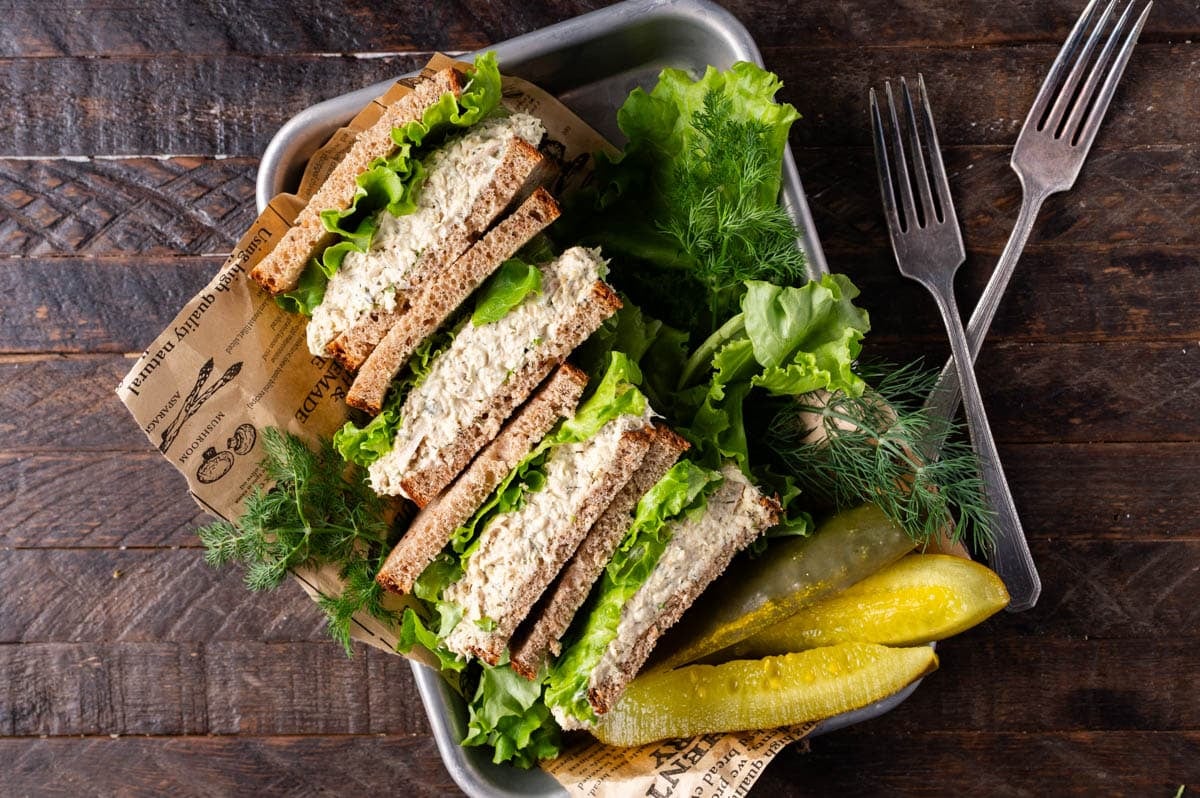 overhead view of tuna salad on sandwiches