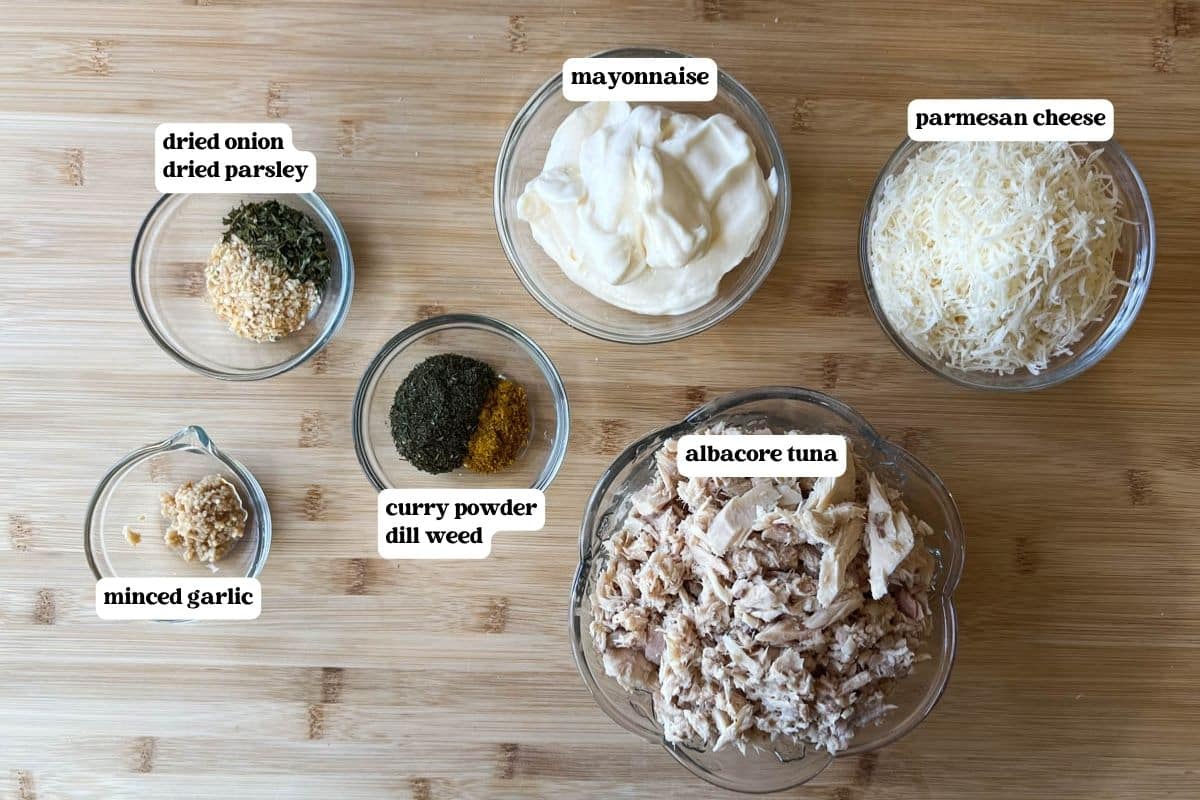 tuna salad ingredients on a table