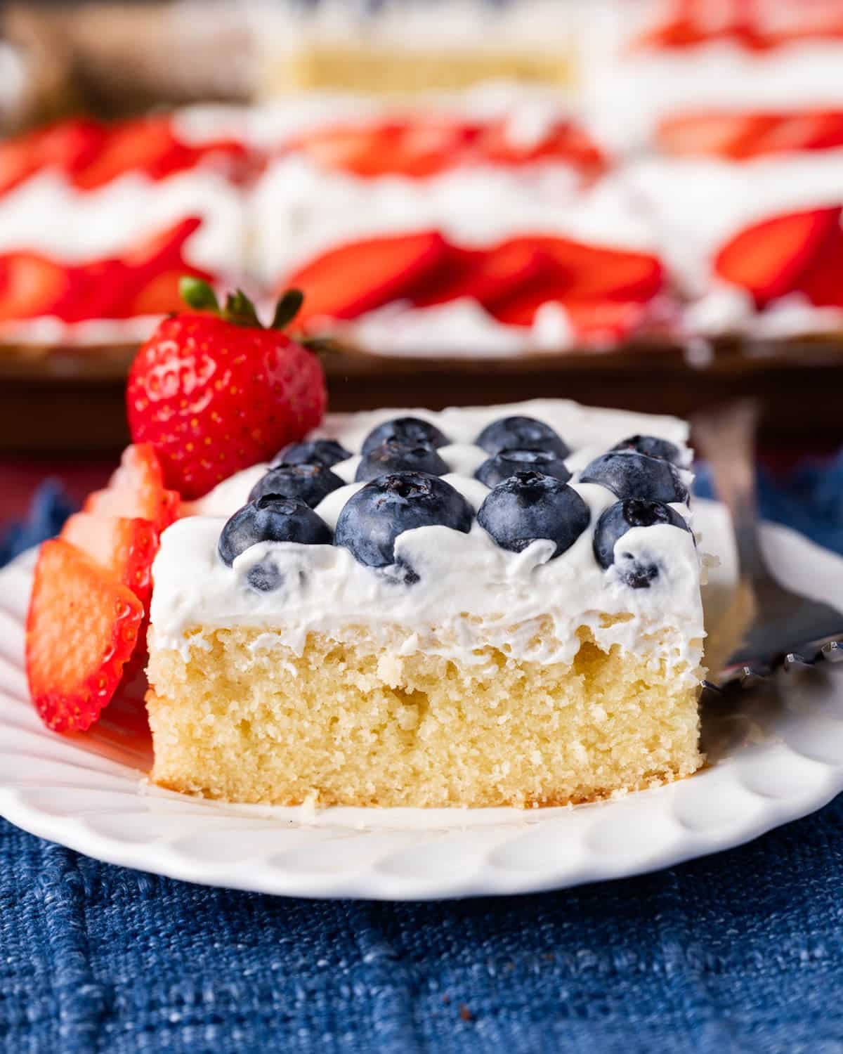 a piece of white cake on a plate with blueberries and strawberries