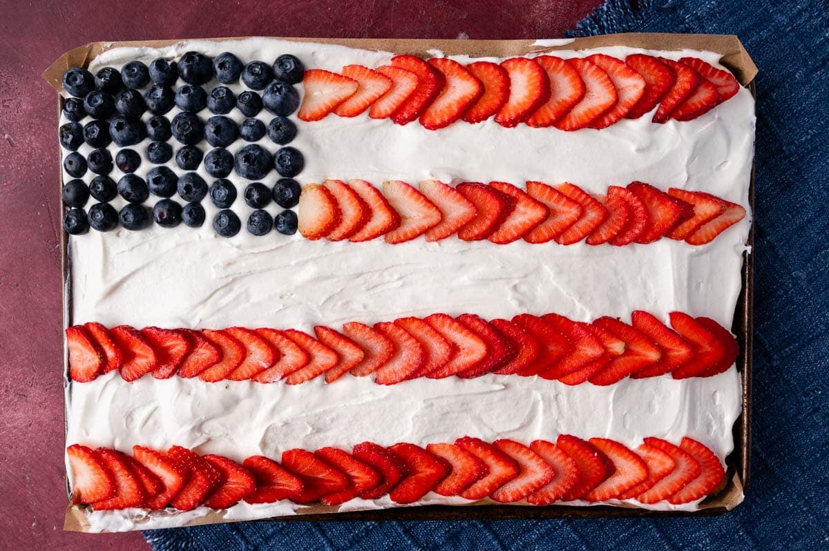 american flag sheet cake on a table