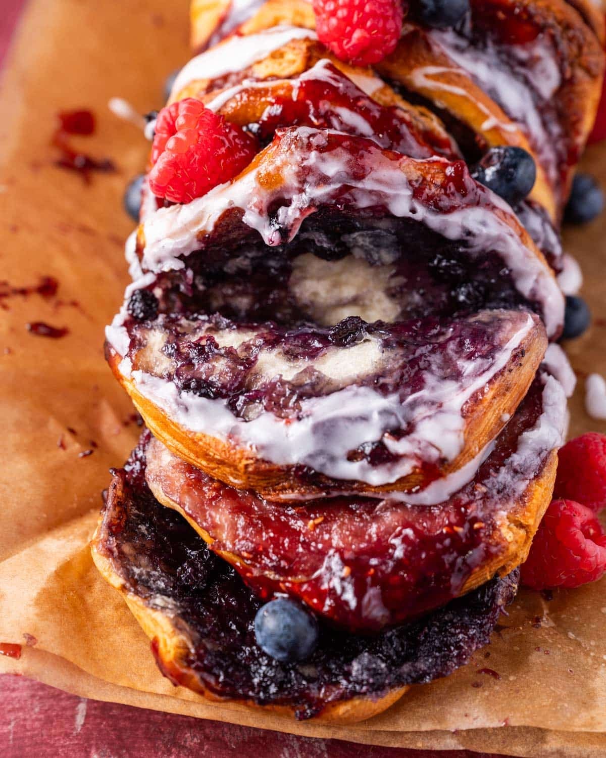 pull apart bread with blueberry and raspberry jam