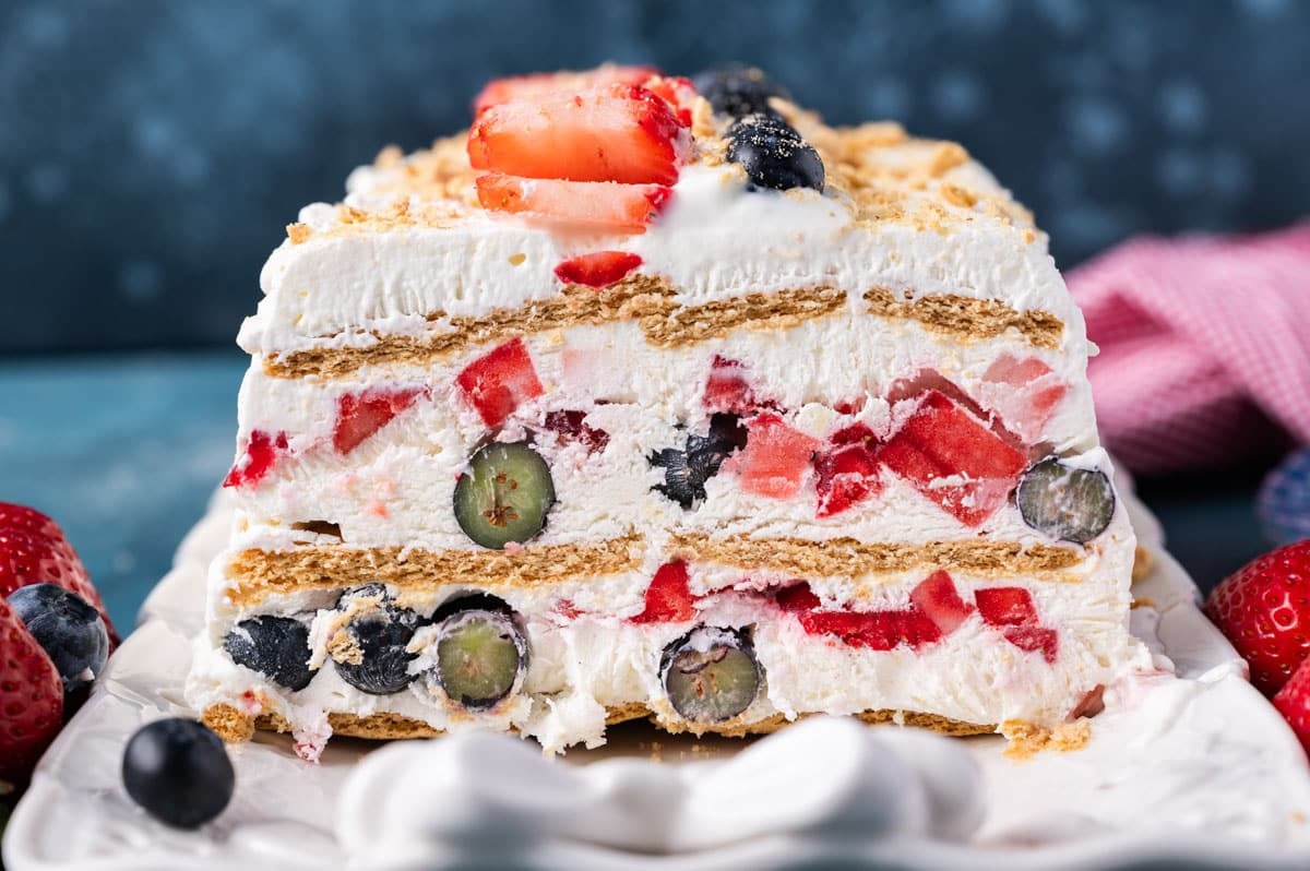 a slice of a berry icebox cake
