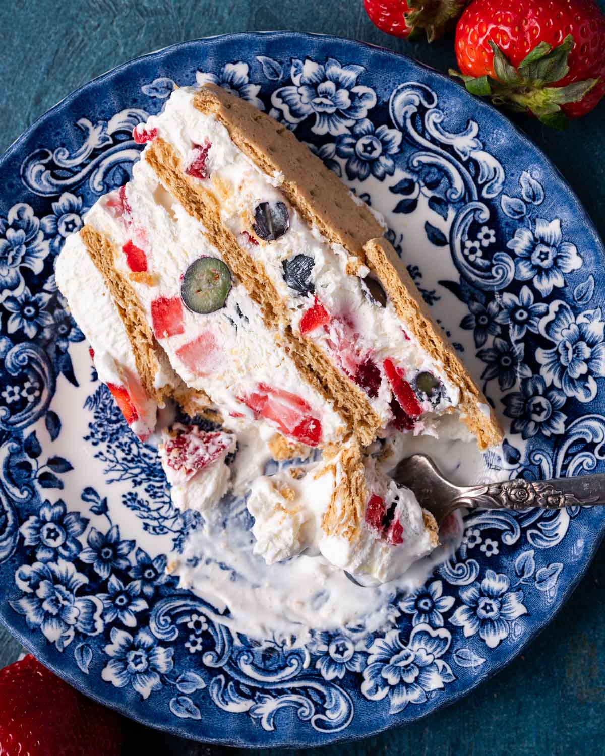 a slice of an icebox cake on a plate with a fork