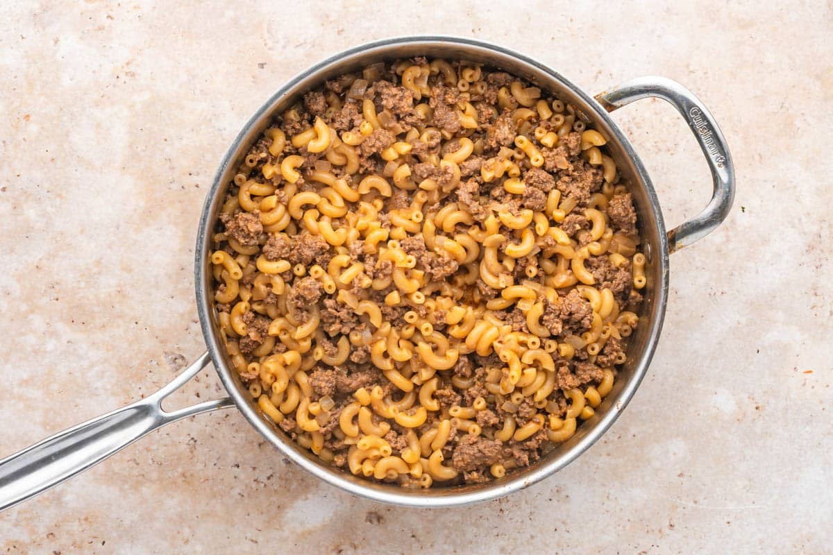 ground beef and pasta in a skillet