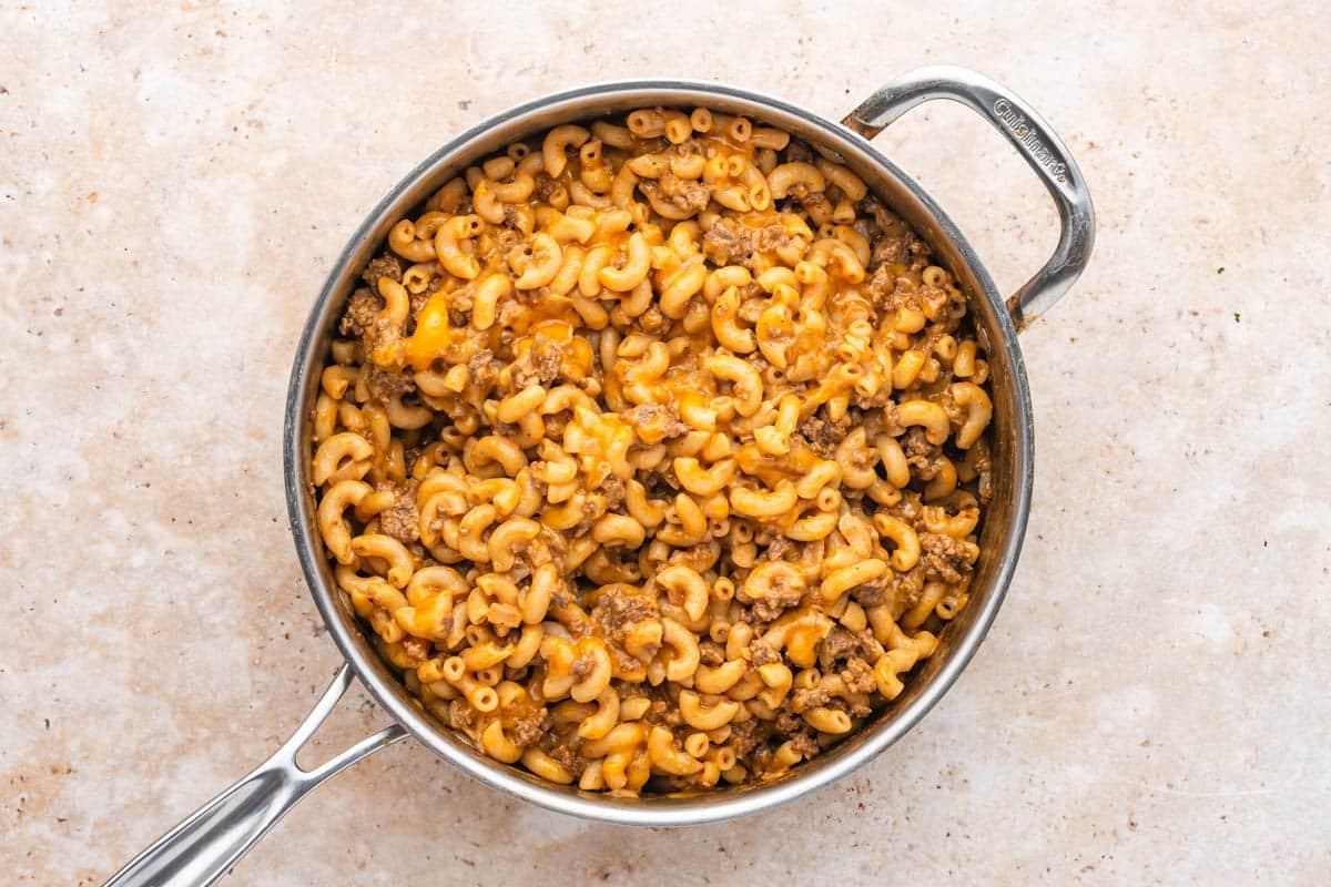cheesy ground beef and pasta in a skillet