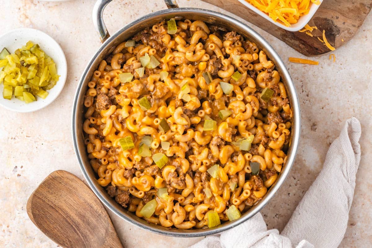 overhead view of cheeseburger pasta