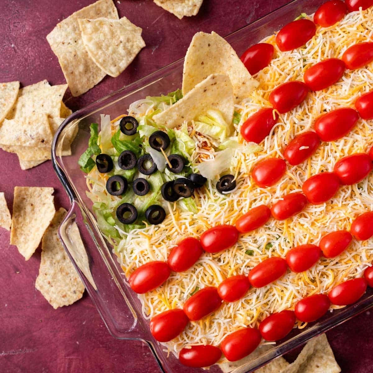 patriotic layered taco dip in flag pattern