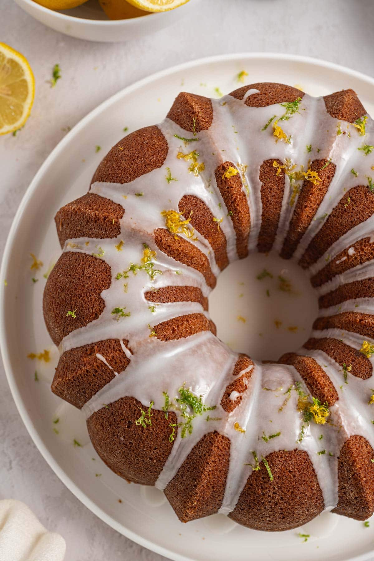 overhead view of a glazed bundt cake