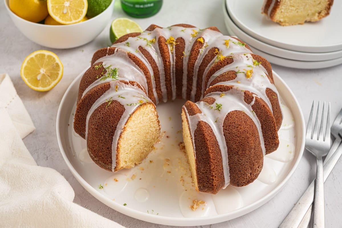 7up cake with glaze on a white cake plate