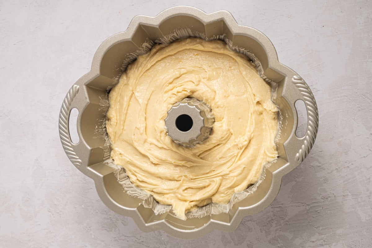 unbaked bundt cake in a pan