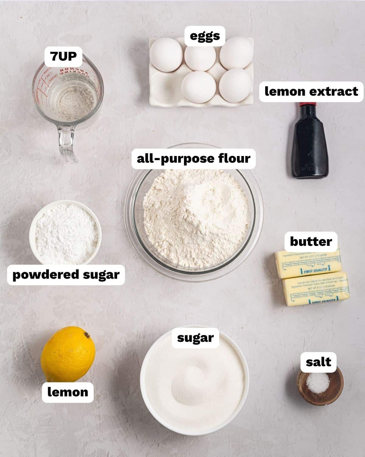 7up pound cake ingredients on a table