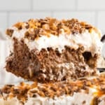 a piece of better than anything cake on a spatula