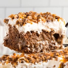 a piece of better than anything cake on a spatula