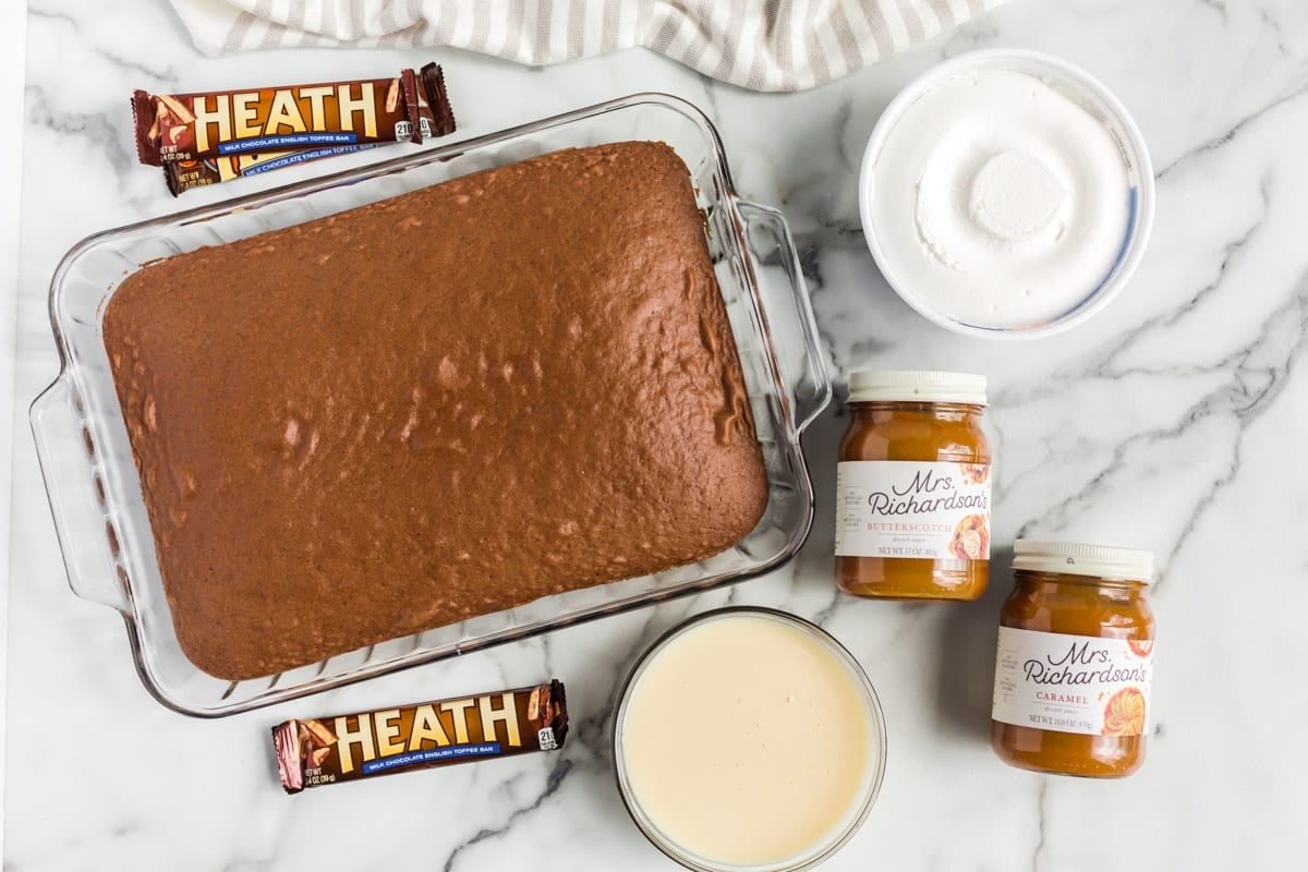 ingredients for better than anything cake on a table