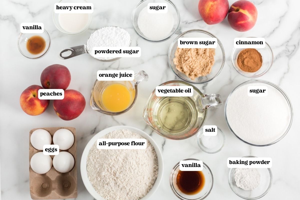 cinnamon peach bundt cake ingredients on a table